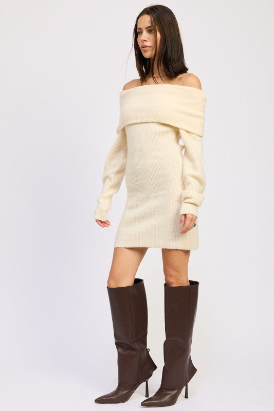 LONG SLEEVE OFF SHOULDER MINI KNIT DRESS | Dresses Daverri Fashions
