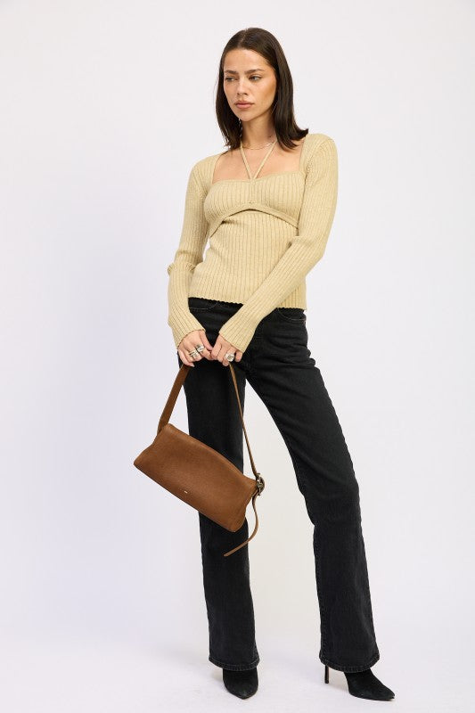 SQUARED NECK KNIT TOP WITH CUT OUT DETAIL | Tops Daverri Fashions