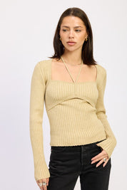 OATMEAL SQUARED NECK KNIT TOP WITH CUT OUT DETAIL | Tops Daverri Fashions