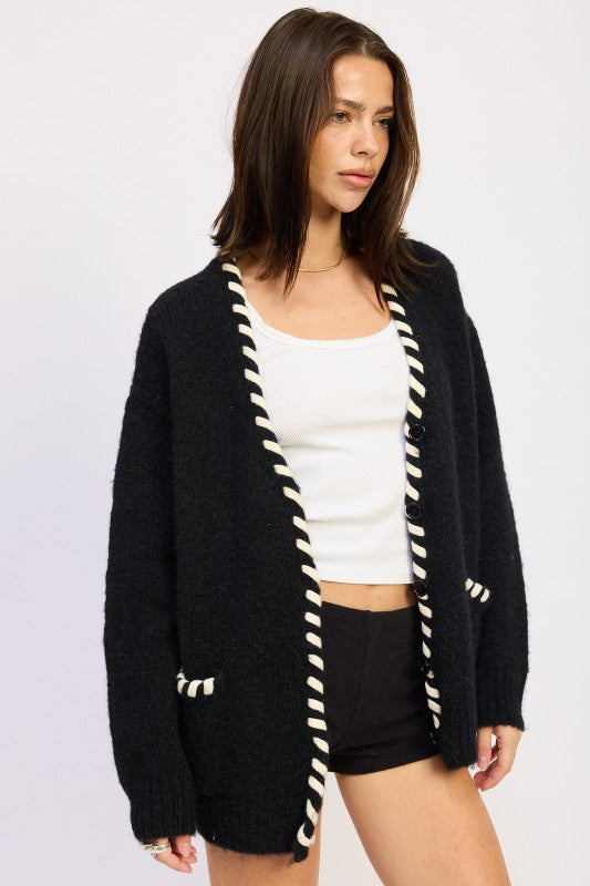 LEATHER TRIM CARDIGAN WITH BUTTONS | Cardigans Daverri Fashions