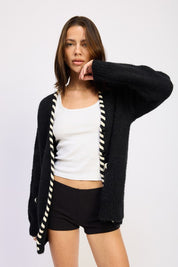 LEATHER TRIM CARDIGAN WITH BUTTONS | Cardigans Daverri Fashions