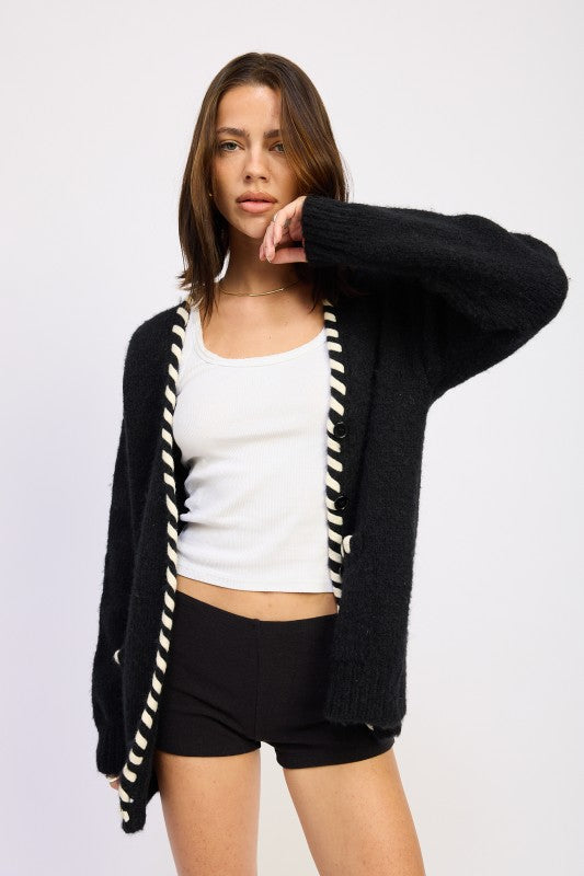 LEATHER TRIM CARDIGAN WITH BUTTONS | Cardigans Daverri Fashions