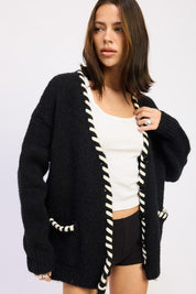 LEATHER TRIM CARDIGAN WITH BUTTONS | Cardigans Daverri Fashions