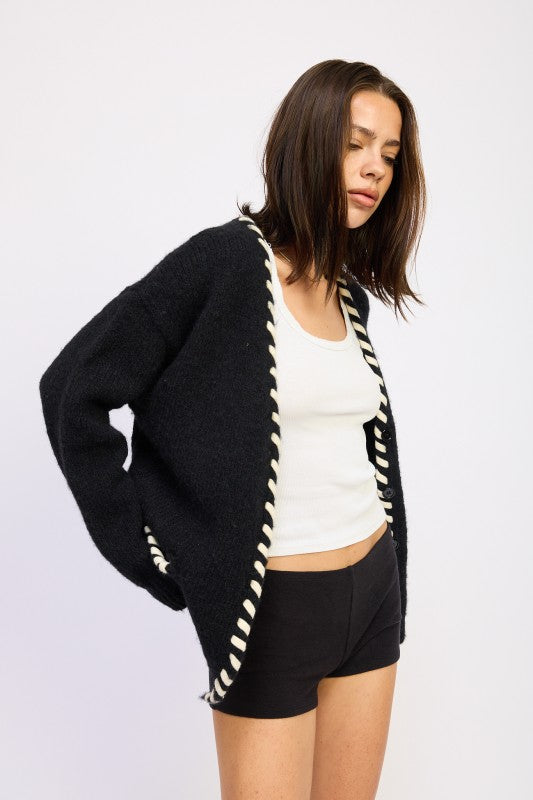 LEATHER TRIM CARDIGAN WITH BUTTONS | Cardigans Daverri Fashions