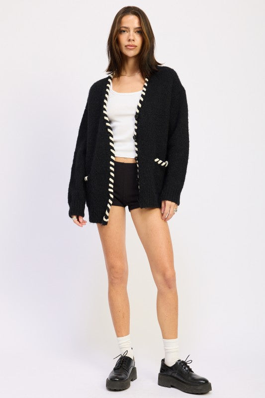 LEATHER TRIM CARDIGAN WITH BUTTONS | Cardigans Daverri Fashions