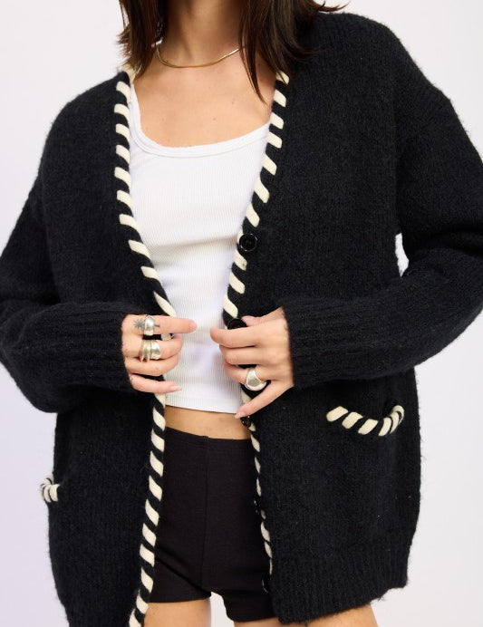 LEATHER TRIM CARDIGAN WITH BUTTONS | Cardigans Daverri Fashions