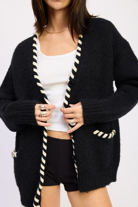 LEATHER TRIM CARDIGAN WITH BUTTONS | Cardigans Daverri Fashions