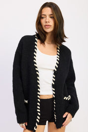 BLACK LEATHER TRIM CARDIGAN WITH BUTTONS | Cardigans Daverri Fashions