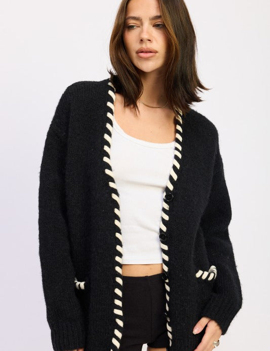 BLACK LEATHER TRIM CARDIGAN WITH BUTTONS | Cardigans Daverri Fashions