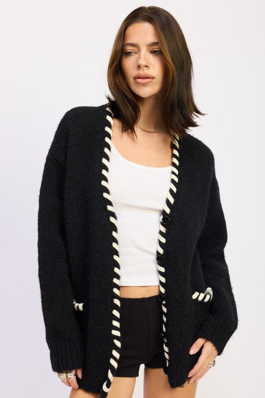 BLACK LEATHER TRIM CARDIGAN WITH BUTTONS | Cardigans Daverri Fashions