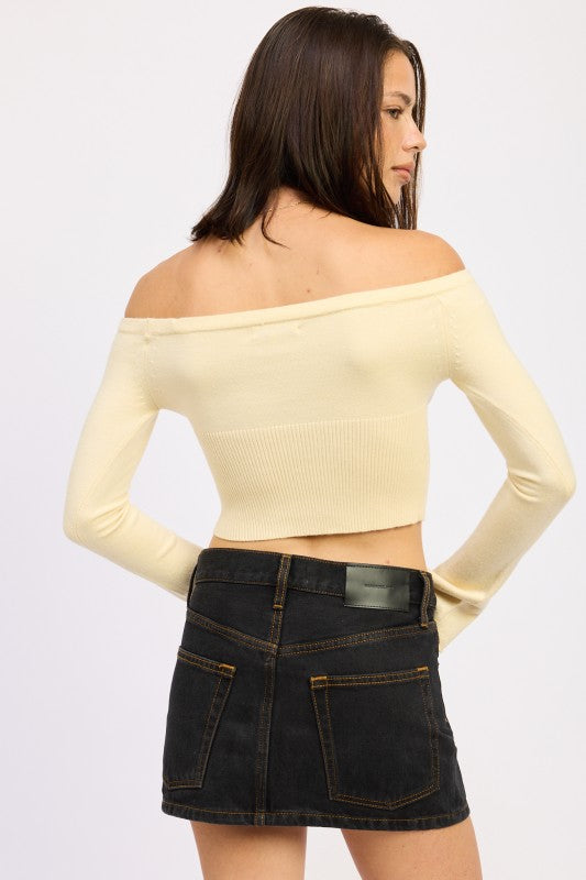 Off Shoulder Crop Top - Long Sleeve Ribbed Bardot Style | Crop Tops Daverri Fashions