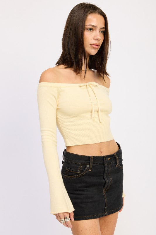 Off Shoulder Crop Top - Long Sleeve Ribbed Bardot Style | Crop Tops Daverri Fashions