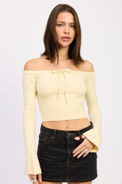 Off Shoulder Crop Top - Long Sleeve Ribbed Bardot Style | Crop Tops Daverri Fashions