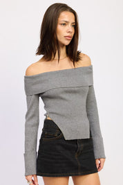 RIBBED OFF SHOULDER SWEATER WITH ZIPPER | Sweaters Daverri Fashions