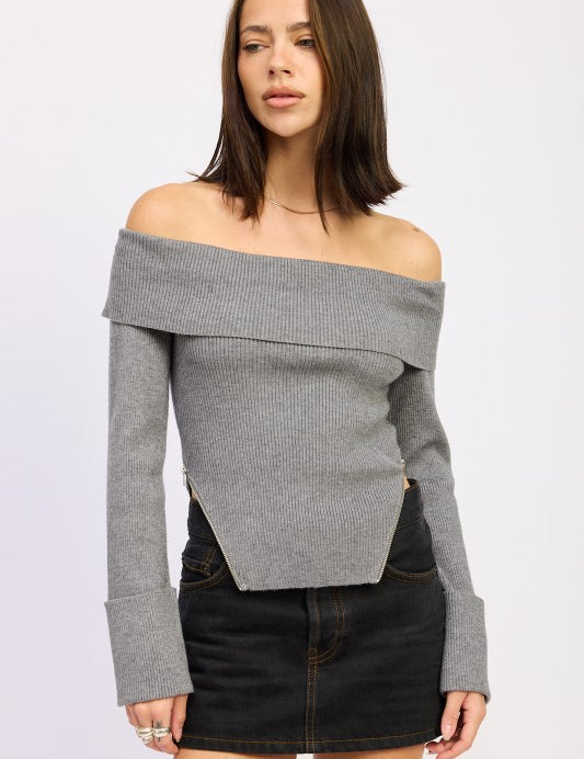 CHARCOAL GREY RIBBED OFF SHOULDER SWEATER WITH ZIPPER | Sweaters Daverri Fashions