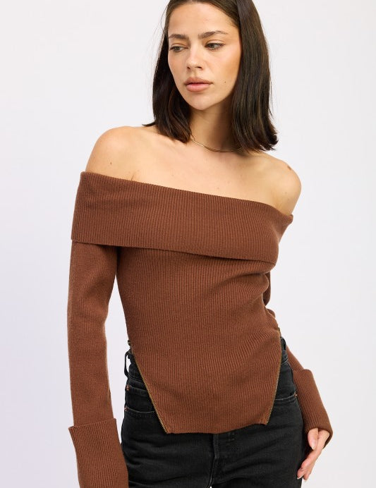 DARK CHOCOLATE RIBBED OFF SHOULDER SWEATER WITH ZIPPER | Sweaters Daverri Fashions