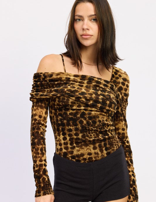 BROWN BLACK ANIMAL PRINT FLOCKING MESH ASYMMETRICAL BODYSUIT | Bodysuits Daverri Fashions