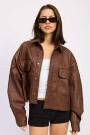 BROWN CHINTZ TEXTURED KNIT CROP JACKET | Jackets Daverri Fashions