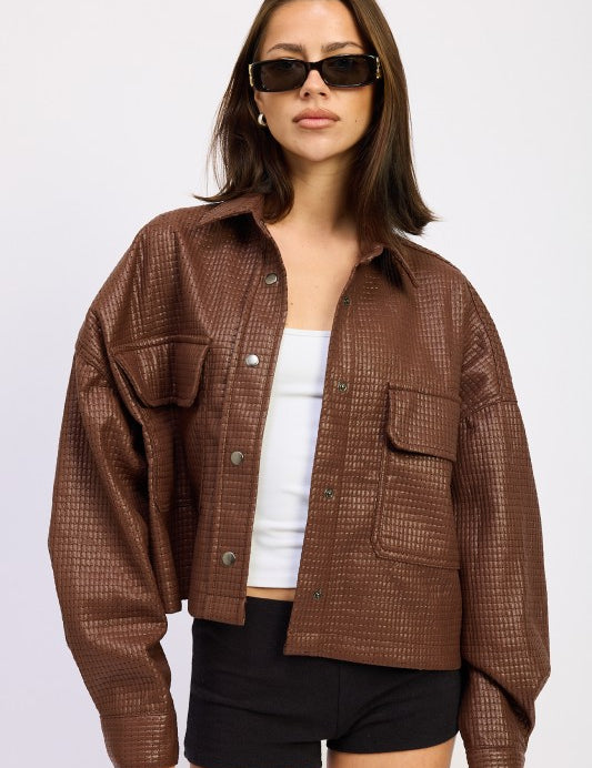 BROWN CHINTZ TEXTURED KNIT CROP JACKET | Jackets Daverri Fashions