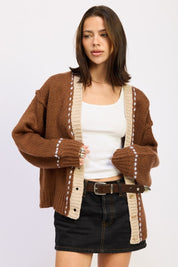 CHOCOLATE BUTTON DOWN CONTRASTED CARDIGAN | Cardigans Daverri Fashions