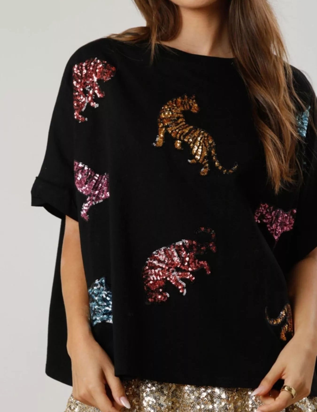 Sequin Tiger Round Neck T-Shirt | T-Shirts Daverri Fashions