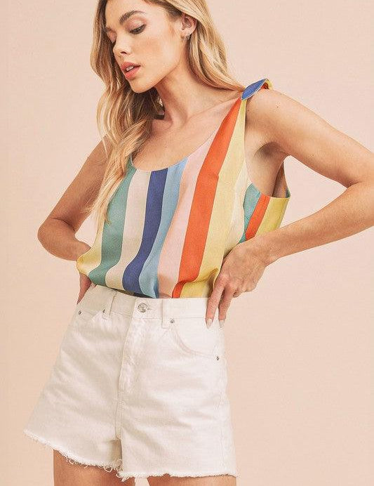 Blue Yellow Red M Aemi + Co Contrast Striped Scoop Neck Tie Shoulder Tank | Tank Tops Daverri Fashions