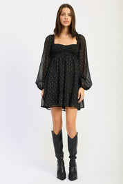 BLACK Long Sleeve Smocked Babydoll Mini Dress | Babydoll Dresses Daverri Fashions