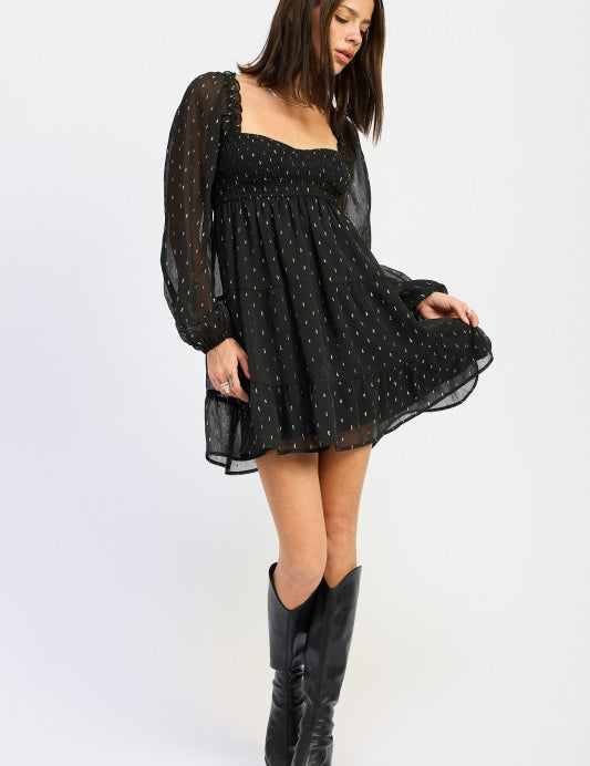 Long Sleeve Smocked Babydoll Mini Dress | Babydoll Dresses Daverri Fashions