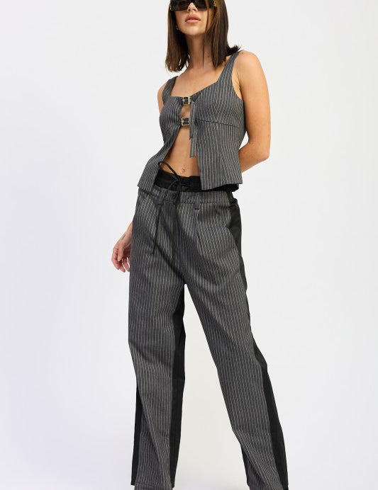 GREY PINSTRIPE Loose Fit Mix Media Pants | Pants Daverri Fashions