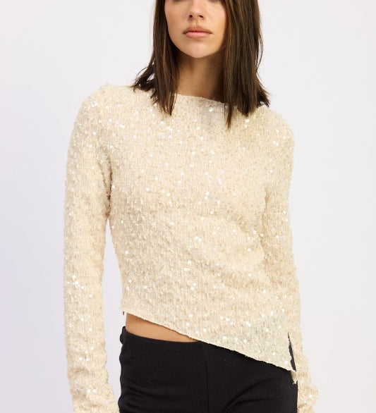 IVORY ASYMMETRICAL SEQUIN TOP | Daverri Fashions