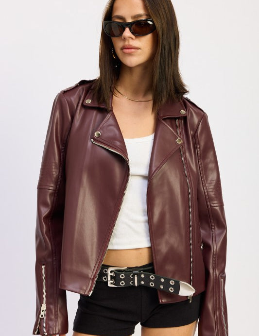 BURGUNDY Faux Leather Biker Jacket | Jackets Daverri Fashions