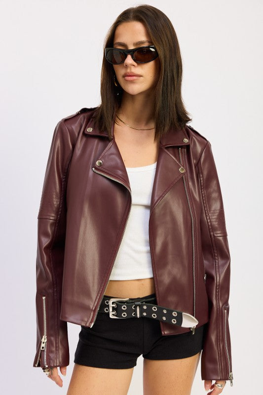 BURGUNDY Faux Leather Biker Jacket | Jackets Daverri Fashions