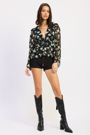 FLORAL TIE FRONT RUFFLED BLOUSE | Blouses Daverri Fashions