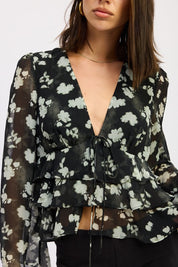 FLORAL TIE FRONT RUFFLED BLOUSE | Blouses Daverri Fashions
