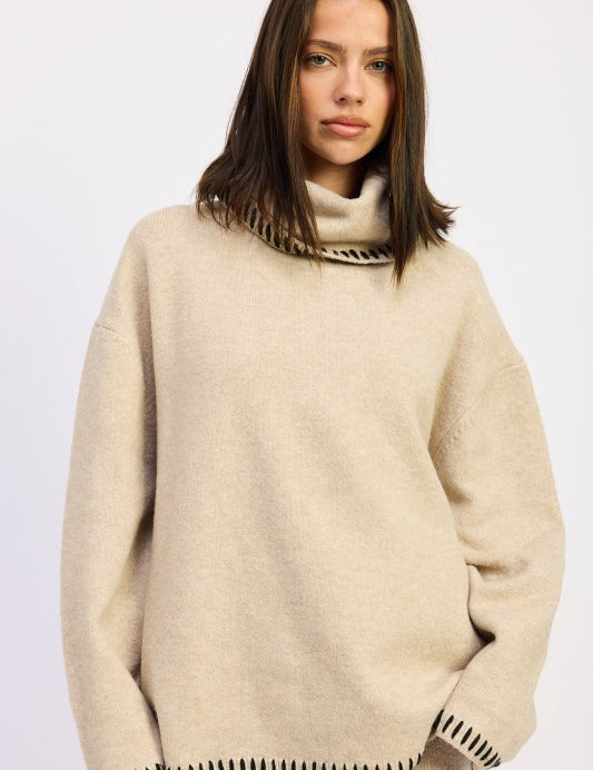 TAUPE Oversized Turtle Neck Sweater with Stitching | Sweaters Daverri Fashions