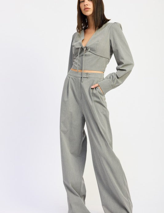 GREY Pleated Wide Leg Trouser with Rhinestones | Pants Daverri Fashions
