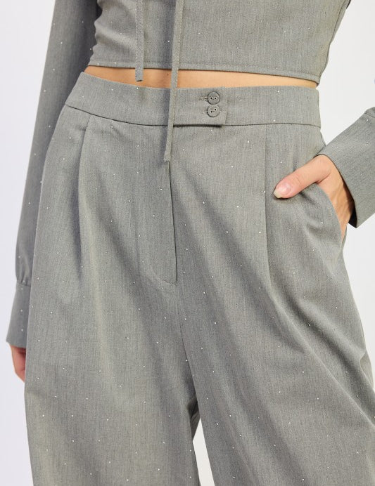 Pleated Wide Leg Trouser with Rhinestones | Pants Daverri Fashions