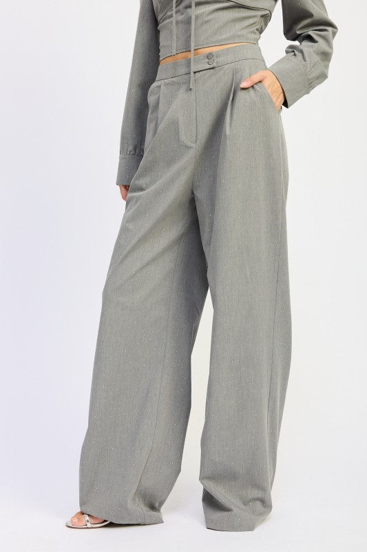 Pleated Wide Leg Trouser with Rhinestones | Pants Daverri Fashions