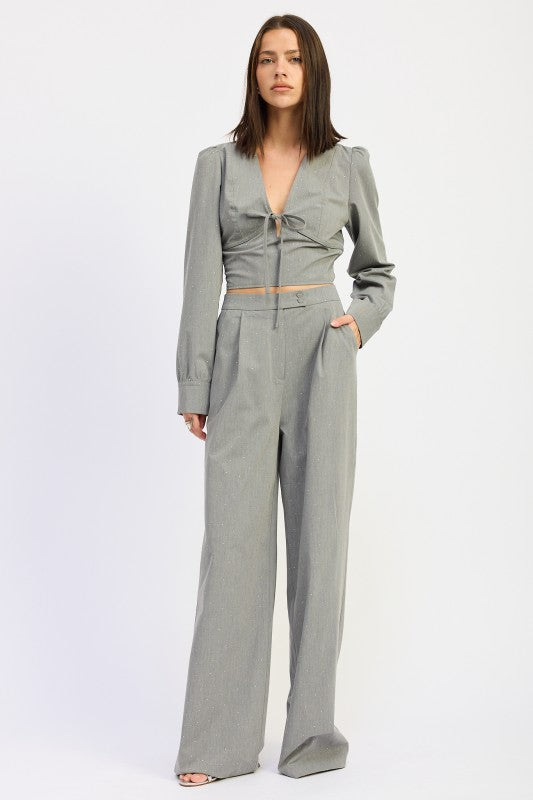 Pleated Wide Leg Trouser with Rhinestones | Pants Daverri Fashions