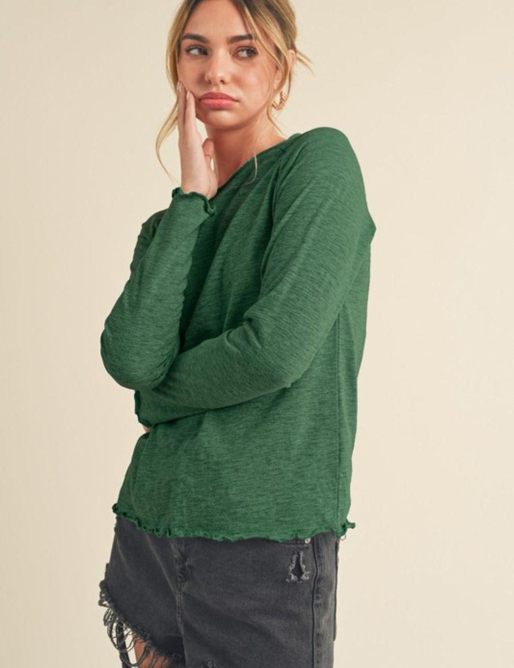 Aemi + Co Lettuce Hemline Round Neck Raglan Sleeve T-Shirt | T-Shirts Daverri Fashions