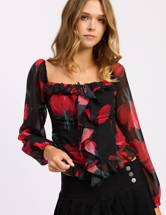 FLORAL LONG SLEEVE RUFFLED TOP | Blouses Daverri Fashions
