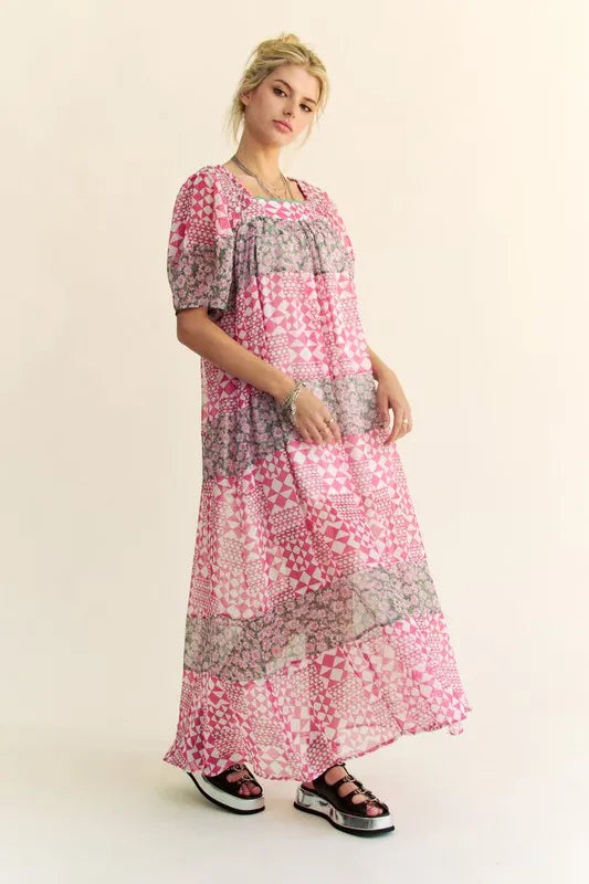 Davi & Dani Multi Floral Square Neck Puff Sleeve Maxi Dress | Maxi Dresses Daverri Fashions