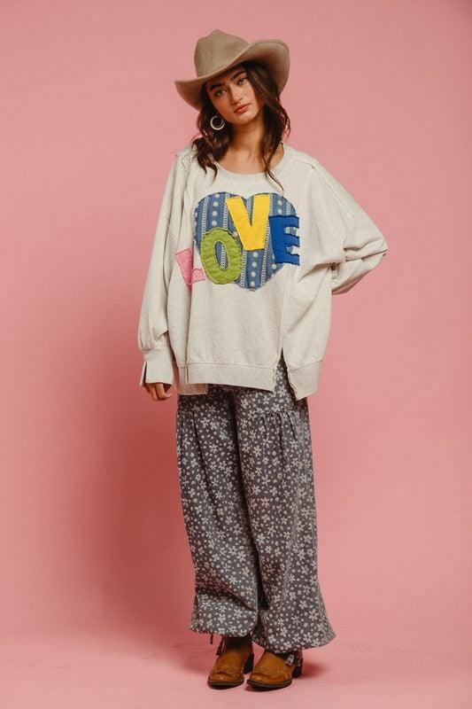 BiBi LOVE Heart Patch Slit French Terry Sweatshirt | Sweatshirts Daverri Fashions