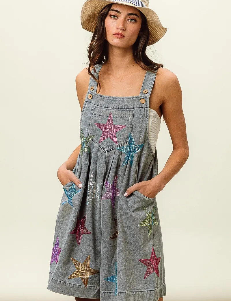 LT DENIM BiBi Star Rhinestone Washed Wide Leg Shortalls | Shortalls Daverri Fashions
