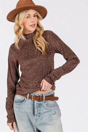 SAGE + FIG Glitter Mock Neck Lettuce Hem Long Sleeve Top | Tops Daverri Fashions