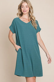 Teal BOMBOM V-Neck Short Sleeve Dress with Pockets | Daverri Fashions