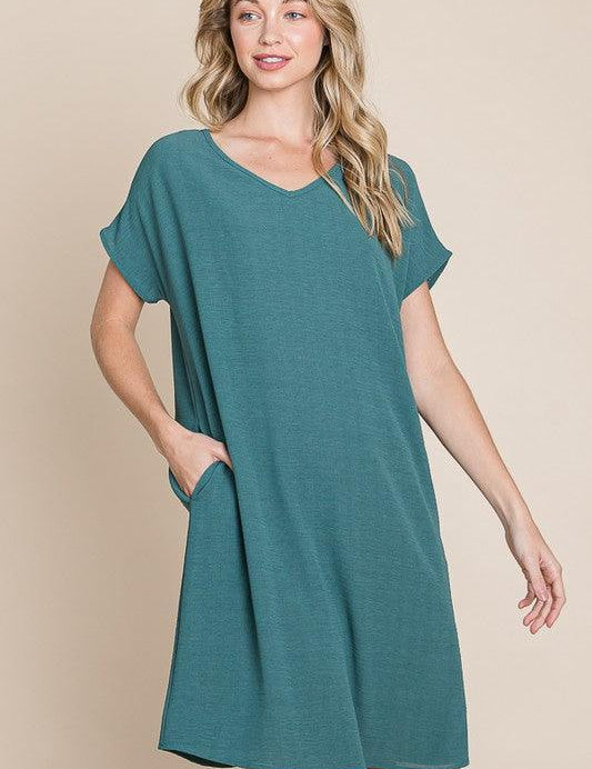 Teal BOMBOM V-Neck Short Sleeve Dress with Pockets | Daverri Fashions