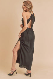 Aemi + Co Black Ruched Side Slit Cutout Back Maxi Cami Dress | Cami Dresses Daverri Fashions
