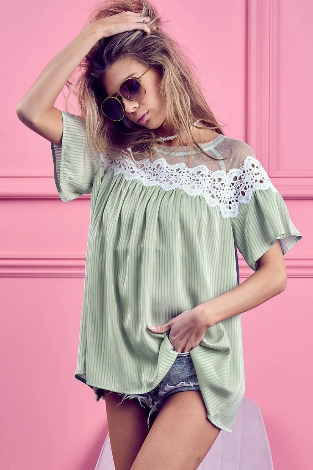 BiBi Lace Detail Short Sleeve Striped Blouse | Daverri Fashions