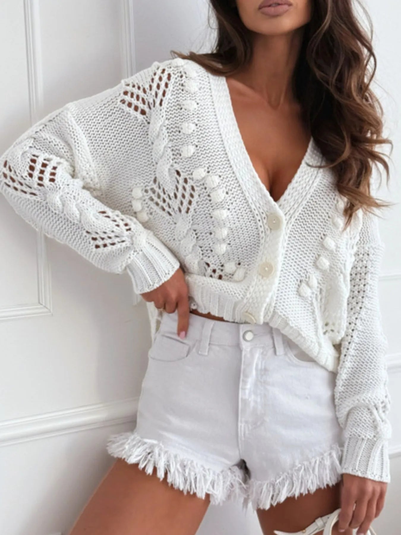 White Button Up V-Neck Cardigan | Cardigans Daverri Fashions